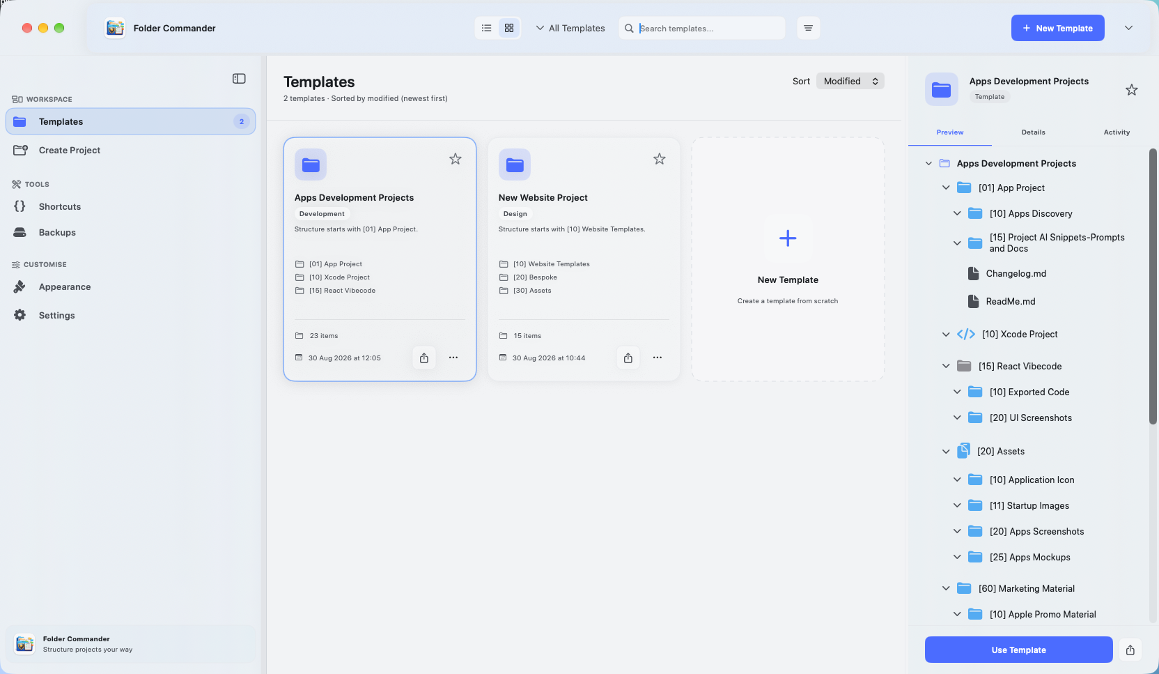 Folder Commander app interface