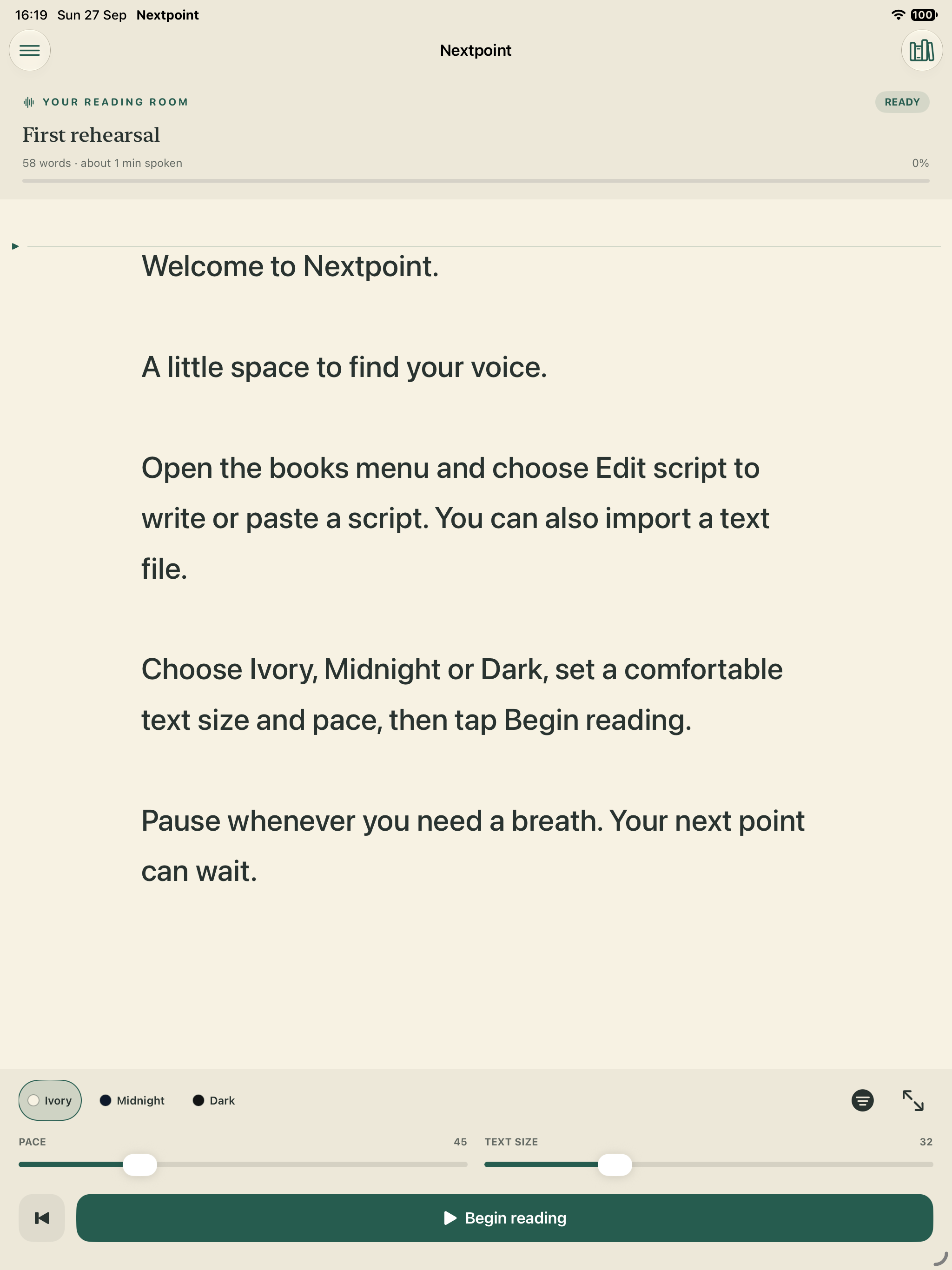 Nextpoint on iPad in the light Ivory theme