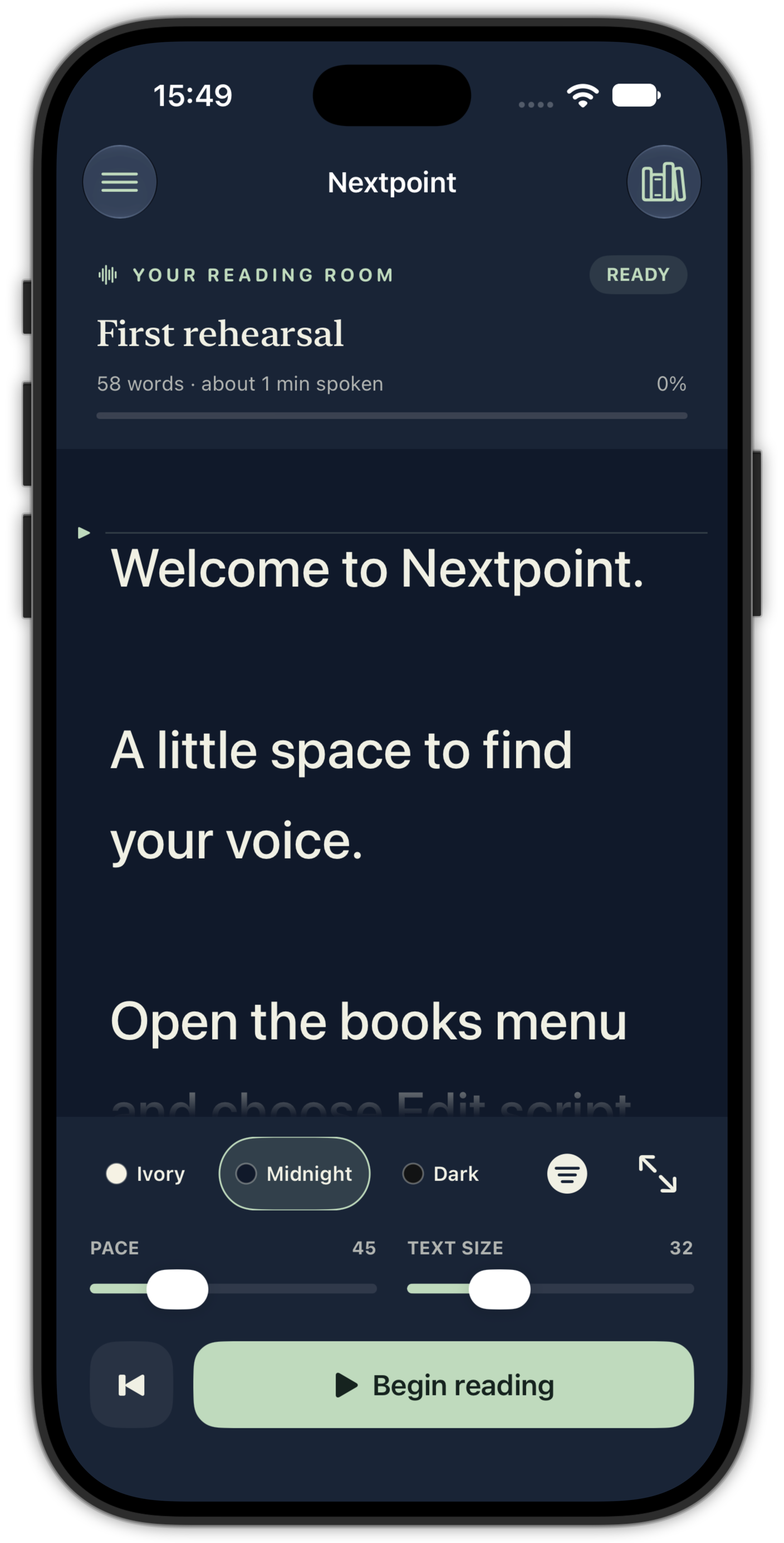 Nextpoint on iPhone in the dark Midnight theme