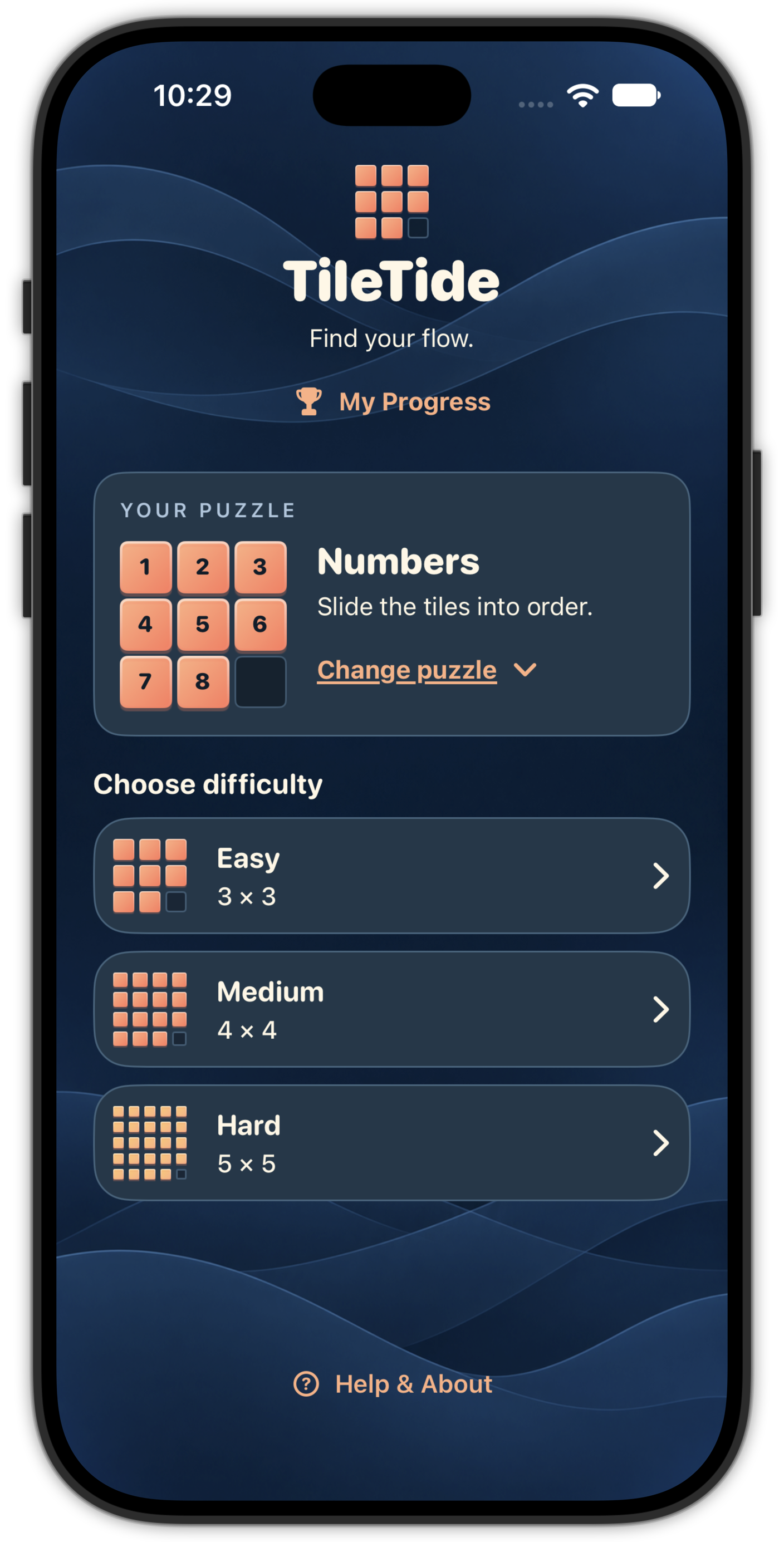 TileTide on iPhone — Numbers puzzle and difficulty selection