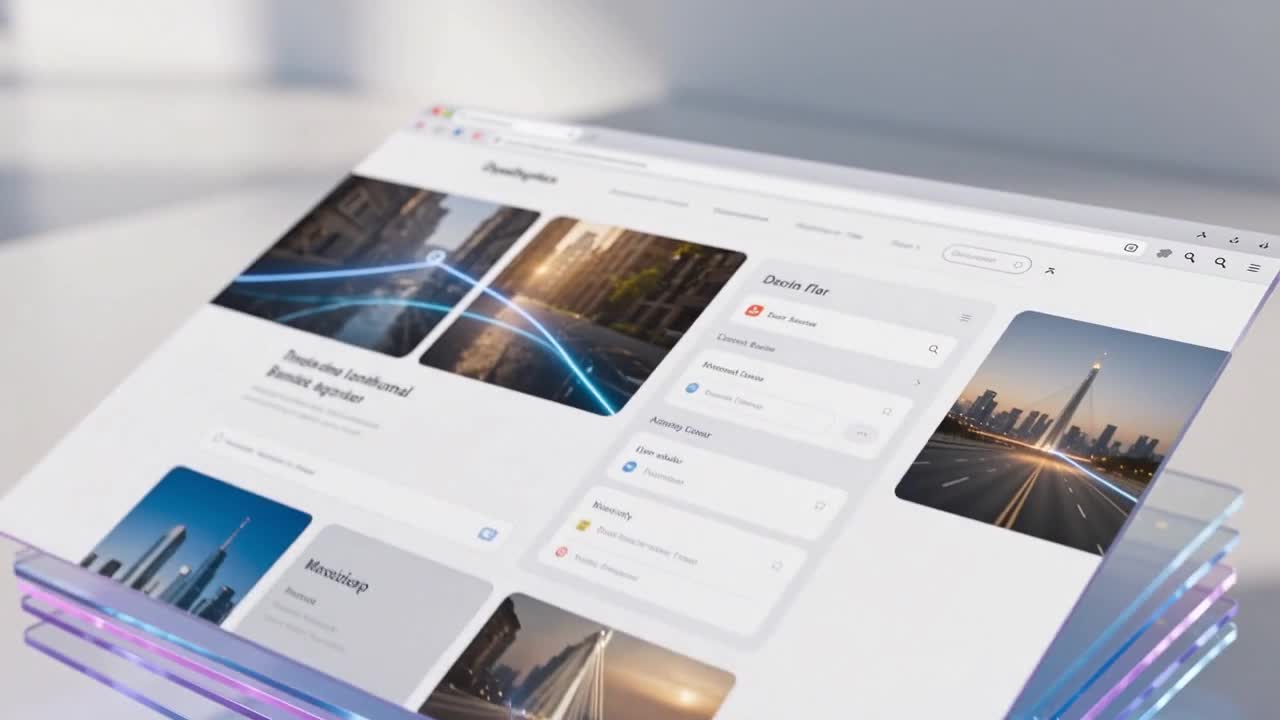 The completed website emerging from connected glass layers